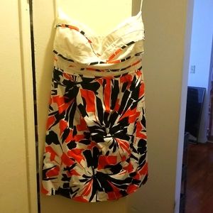 Minuet strapless mini dress, size Large. White/black/orange